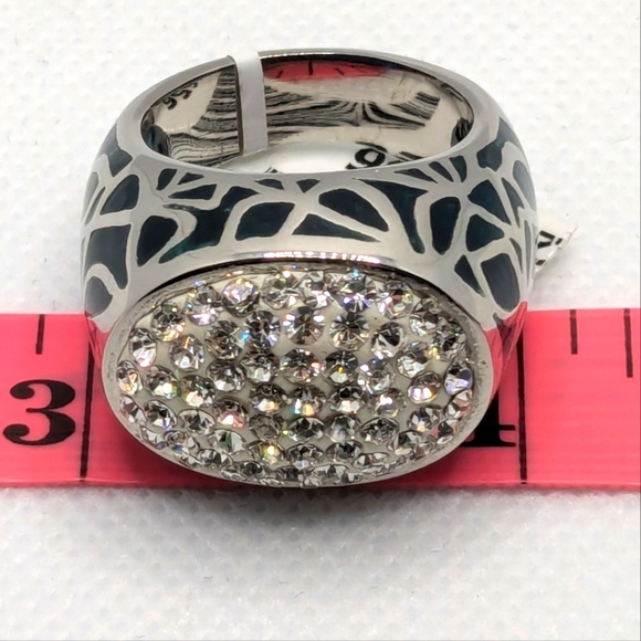 New Stainless Steel Ring, White Austrian Crystal with Teal Enamel Ring Size 9 - Picture 2 of 7
